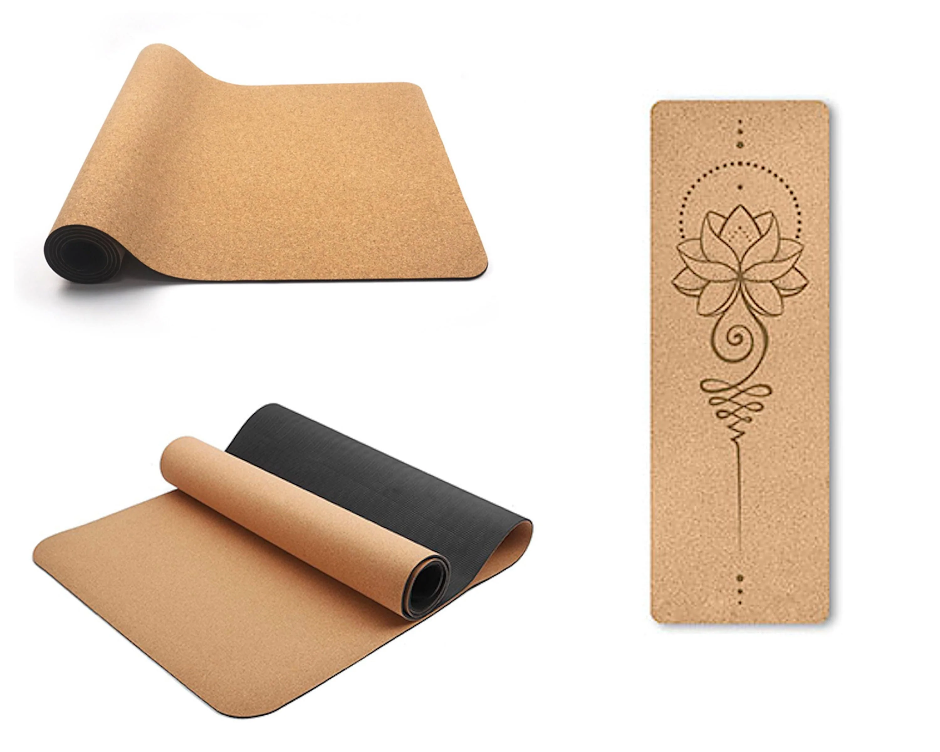 All Natural Cork & Rubber Yoga Mat | Extra-Long. Non-Slip. Eco Mat for Hot Yoga. Exercise w Carrying Strap | Lotus Flower or Position